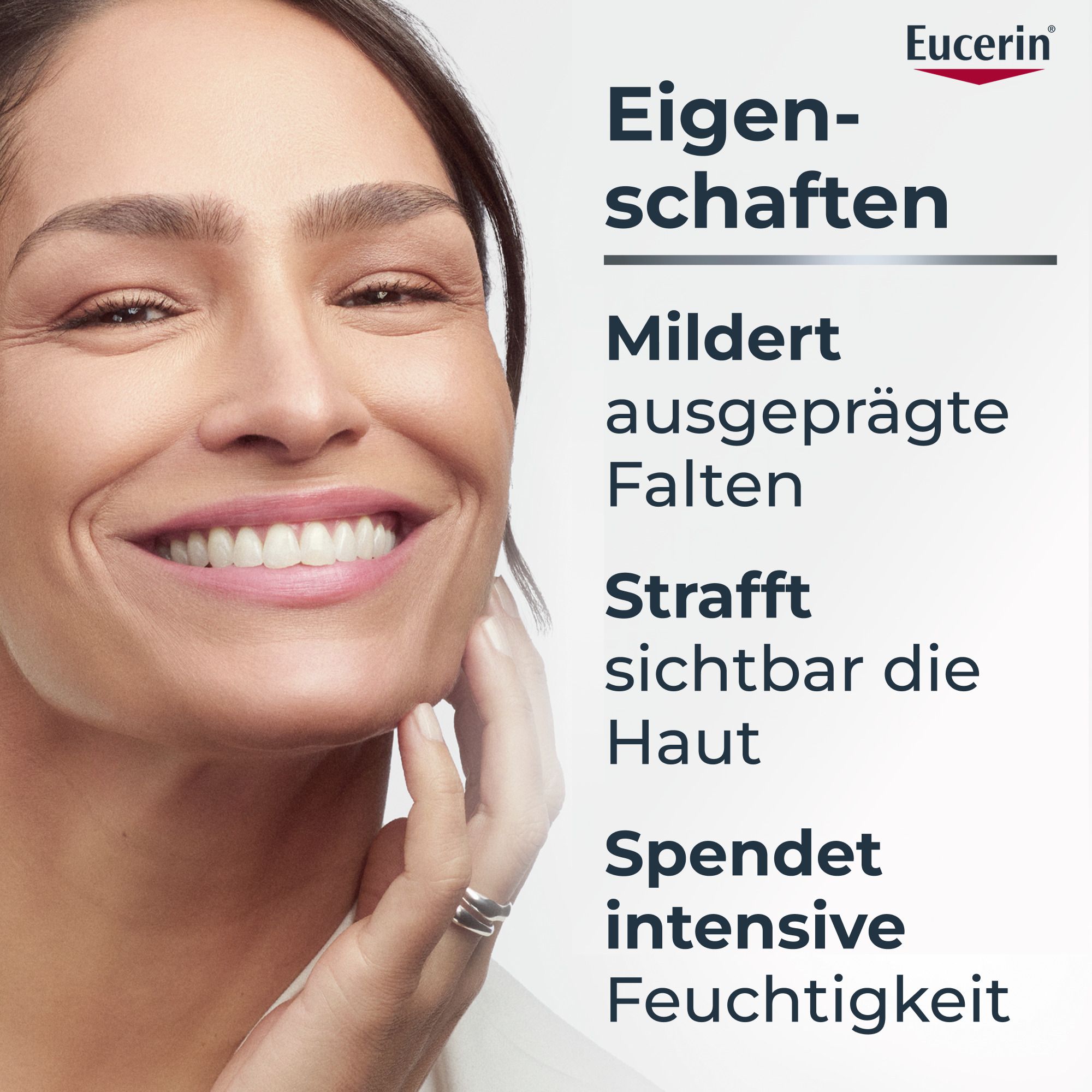 Donna con pelle liscia sorride, proprietà Eucerin.