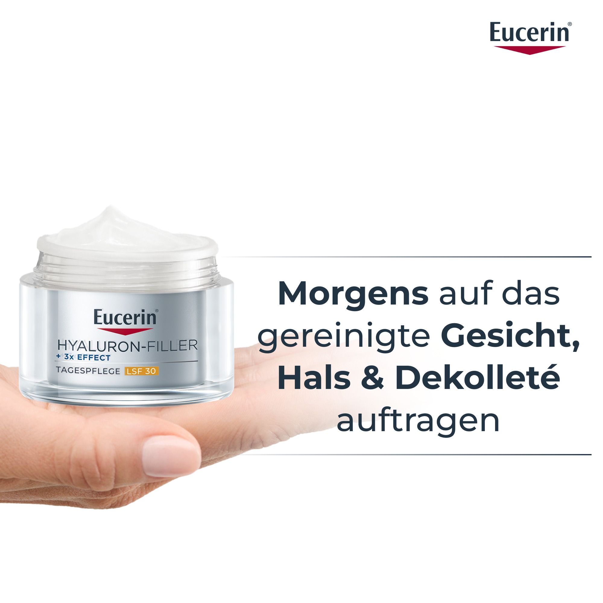 Mano che tiene la crema giorno Eucerin Hyaluron-Filler SPF 30.