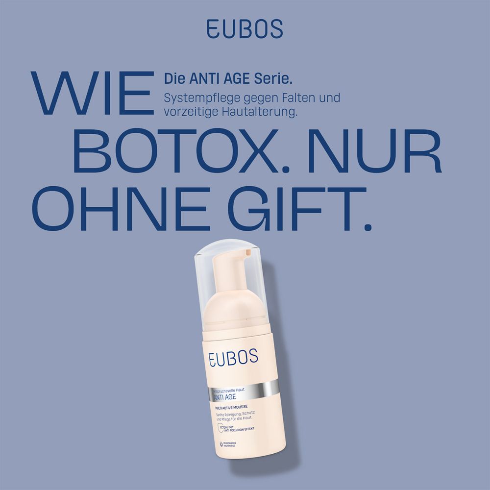 Prodotto EUBOS, Anti Age Mousse, su sfondo blu. Testo: Come il Botox. Solo senza veleno.