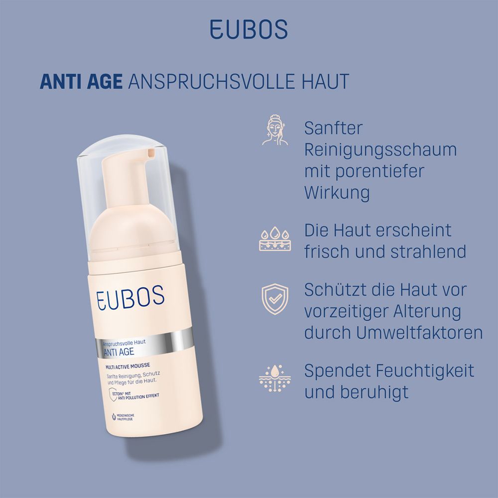 EUBOS Anti Age Mousse su sfondo blu. Testo: Schiuma detergente delicata con effetto in profondità.