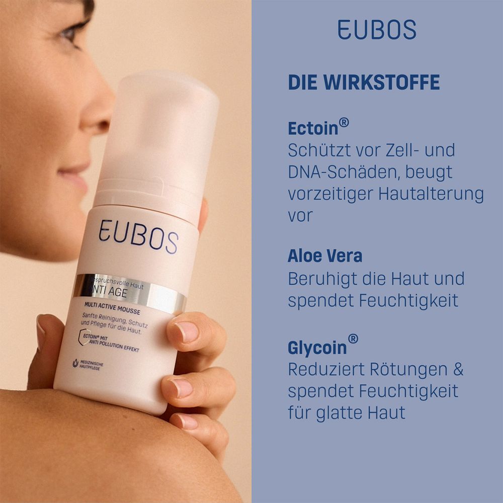 Donna che tiene EUBOS Anti Age Mousse. Testo: Ectoina, Aloe Vera, Glicina. Ingredienti attivi anti-età.