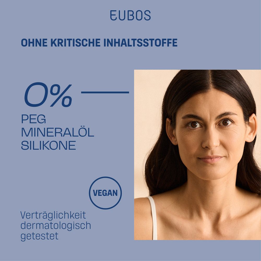 Donna su sfondo blu. Testo: 0% microplastiche, PEG, olio minerale, siliconi. Vegano.