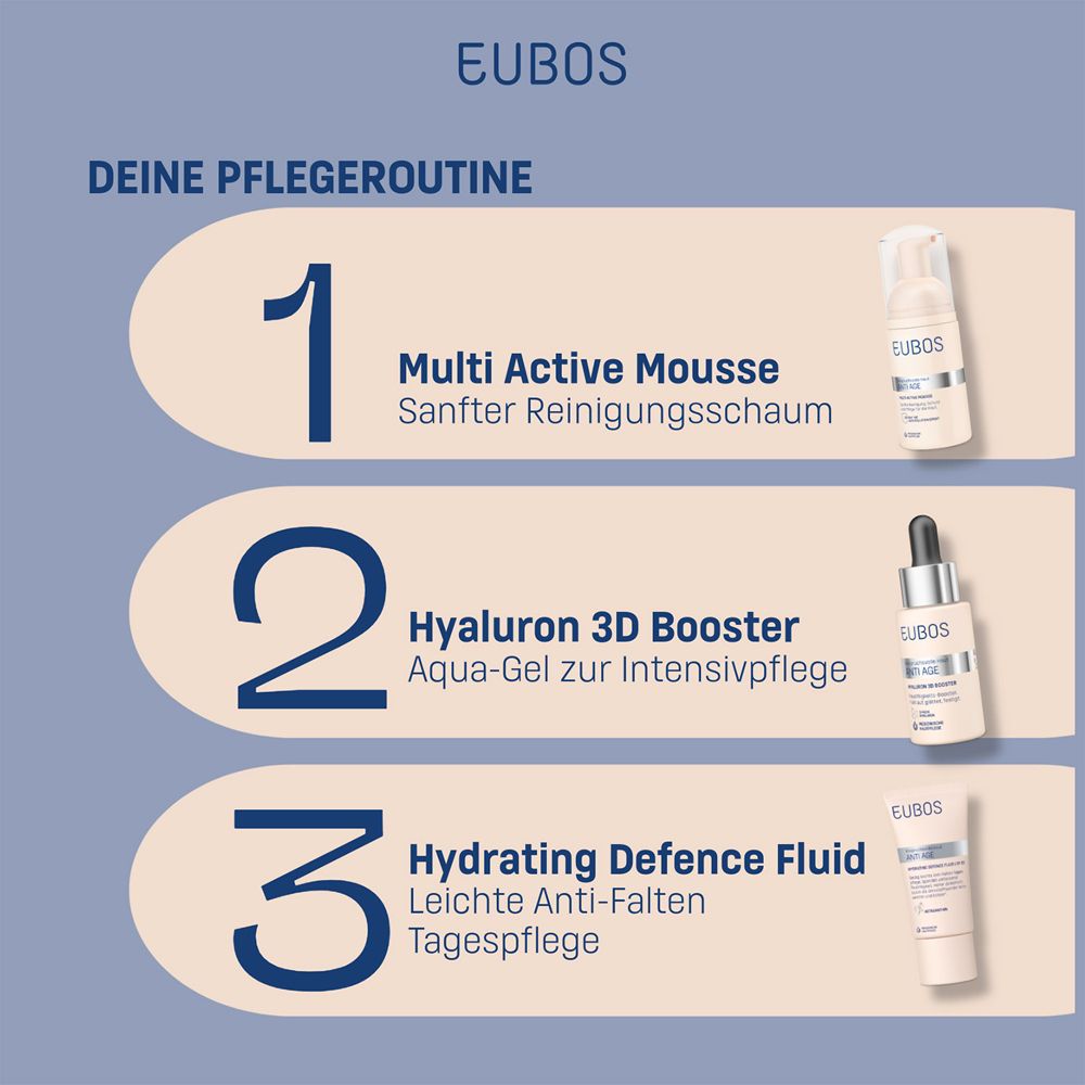 Routine di cura EUBOS Anti Age. Prodotti: Multi Active Mousse, Hyaluron 3D Booster, Hydrating Defence Fluid.
