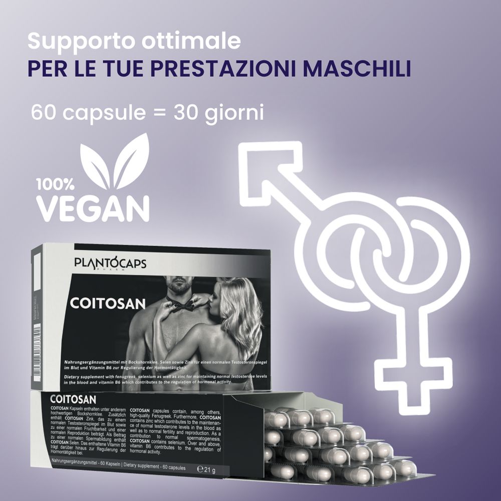 Confezione PlantoCaps Coitosan, capsule e simboli di genere.