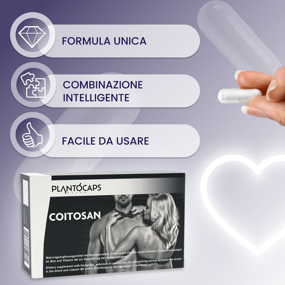 Confezione PlantoCaps Coitosan, capsula e simbolo del cuore.