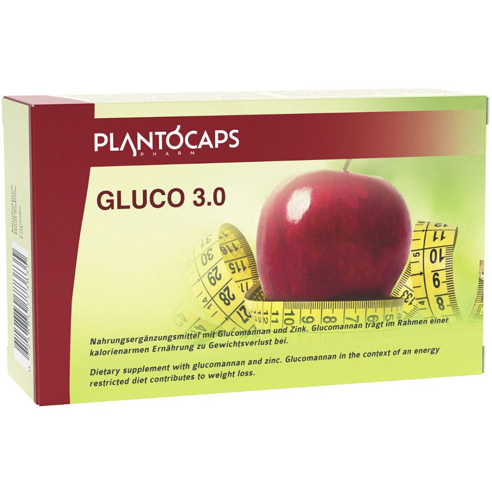 Confezione di Plantocaps Gluco 3.0 con mela e metro a nastro.