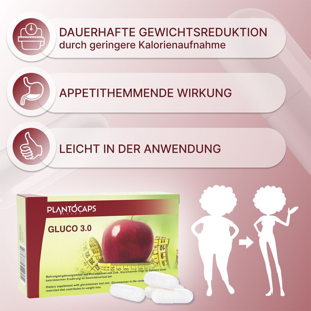 Confezione Plantocaps Gluco 3.0, capsule e silhouette di perdita di peso.