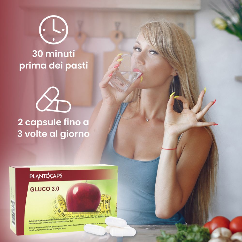 Confezione PlantoCaps Gluco 3.0 con mela e metro a nastro.