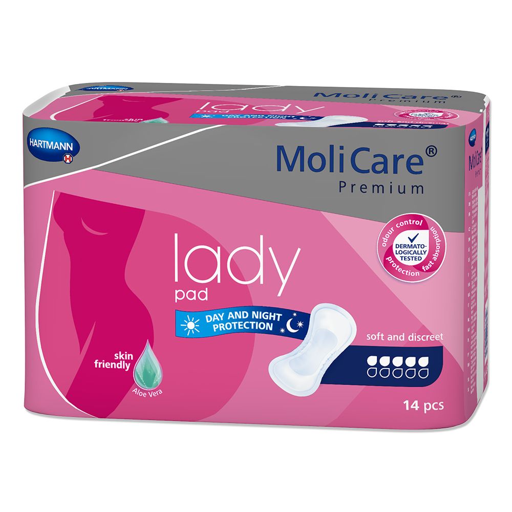 Confezione di MoliCare Premium lady pad. Confezione rosa-grigia con immagine e testo del prodotto. 14 pezzi.