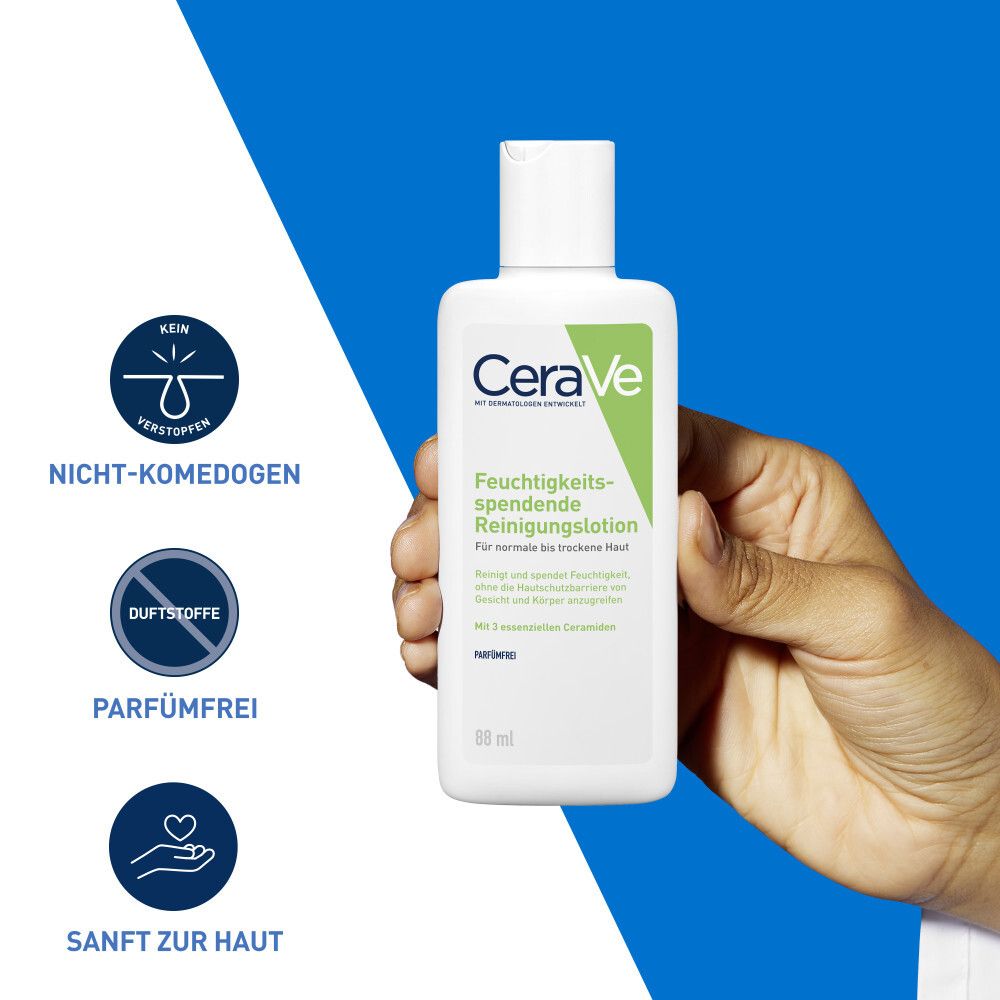 Lozione detergente idratante CeraVe, flacone da 50 ml, non comedogenica, senza profumo, delicata sulla pelle.