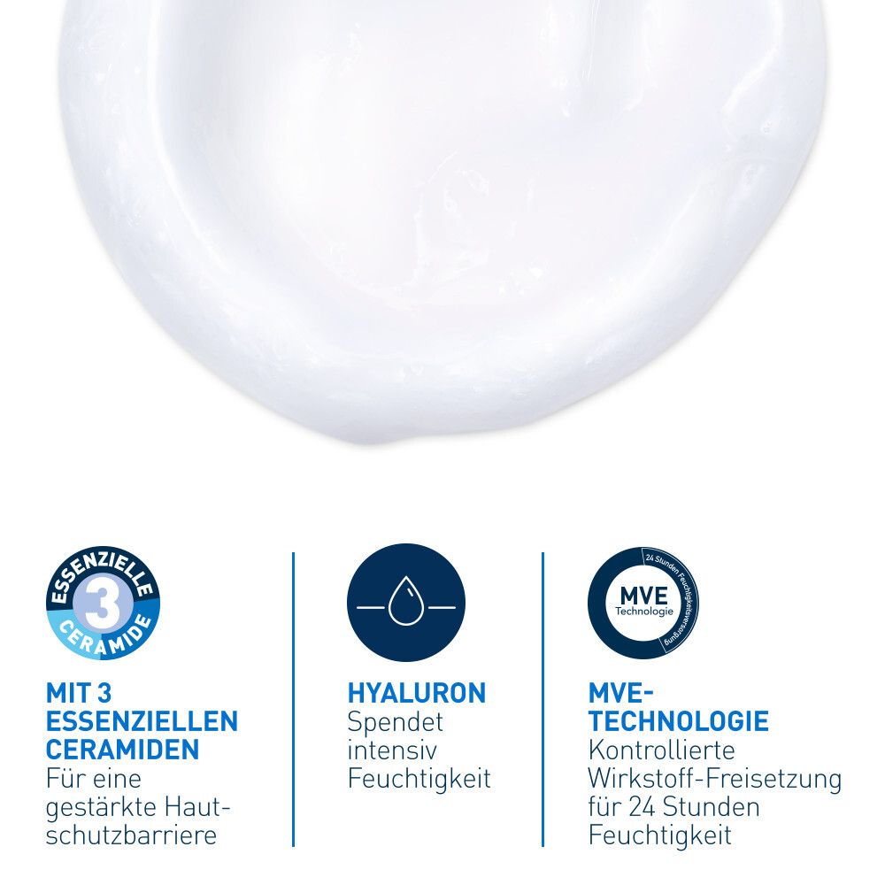Texture cremosa con icone: 3 ceramidi essenziali, acido ialuronico, tecnologia MVE per 24h di idratazione.