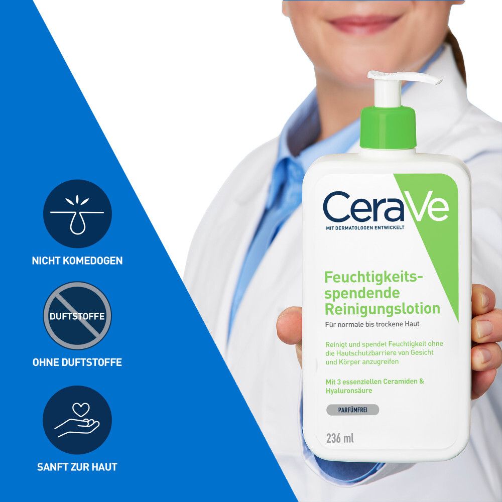 Lozione detergente idratante CeraVe con dispenser a pompa. Non comedogenica, senza profumo, delicata sulla pelle.