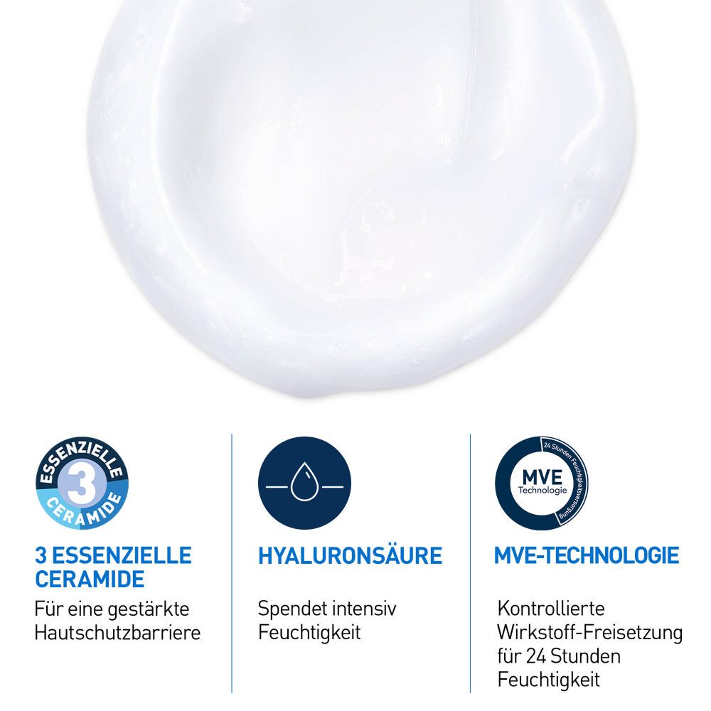 Texture crema con icone: 3 ceramidi essenziali per la protezione della pelle, acido ialuronico per l'idratazione, tecnologia MVE per 24 ore di idratazione.