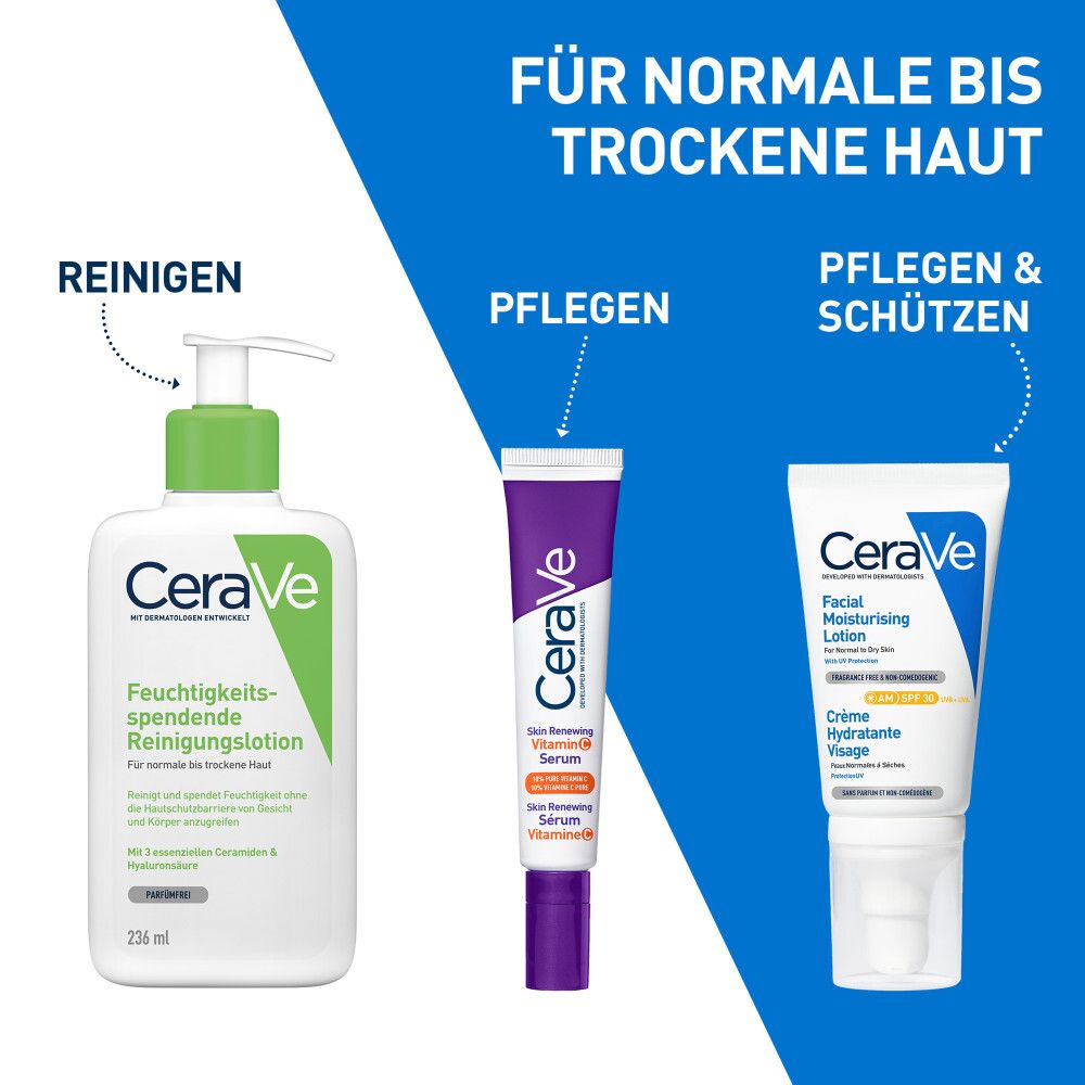Tre prodotti per la cura della pelle CeraVe: lozione detergente, lozione idratante e crema viso.