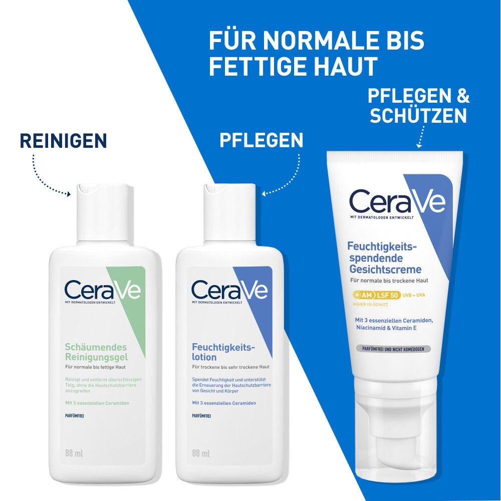 Prodotti CeraVe. Detergente, lozione idratante e crema idratante.
