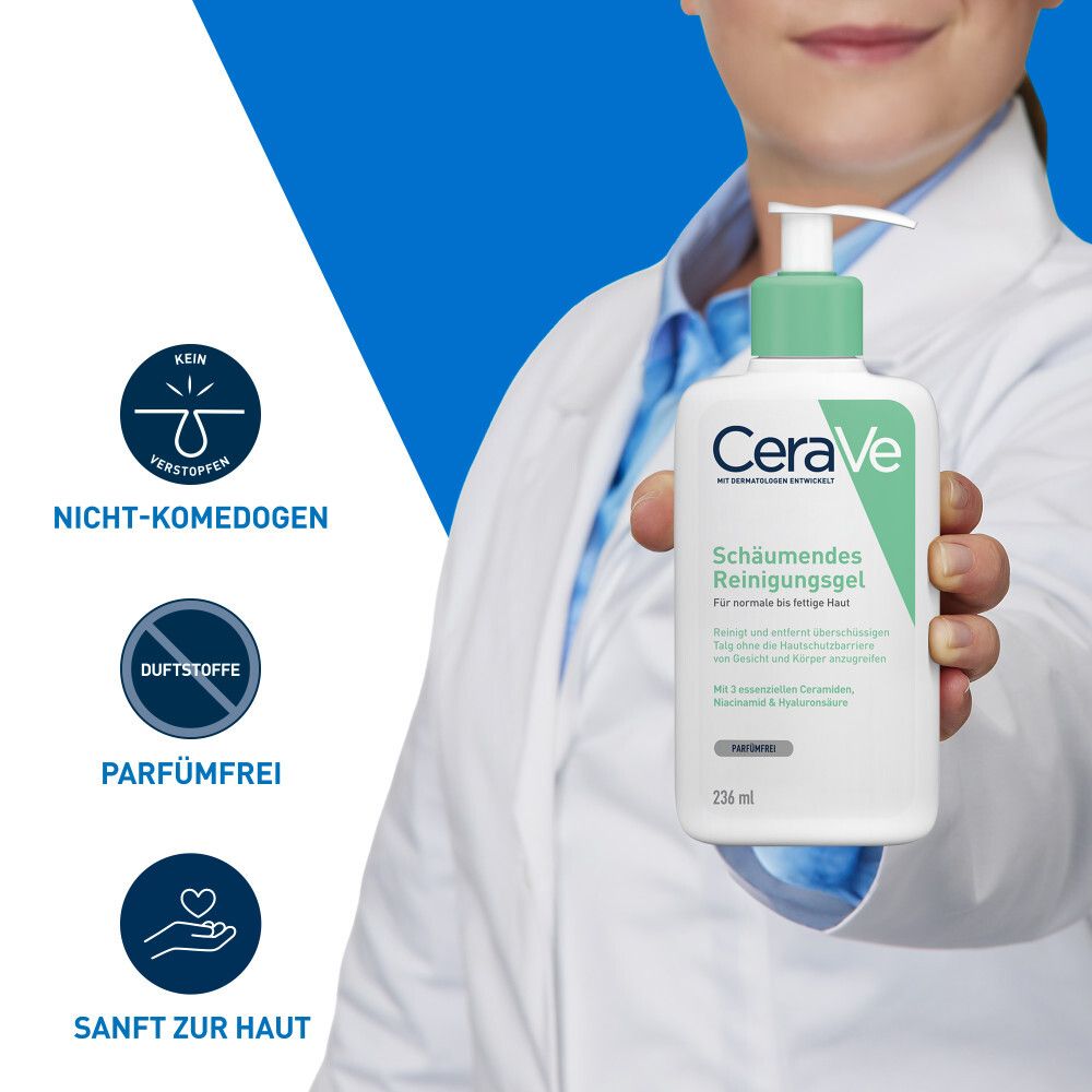 CeraVe Gel Detergente Schiumogeno. Flacone in mano. Non comedogenico, senza profumo, delicato.