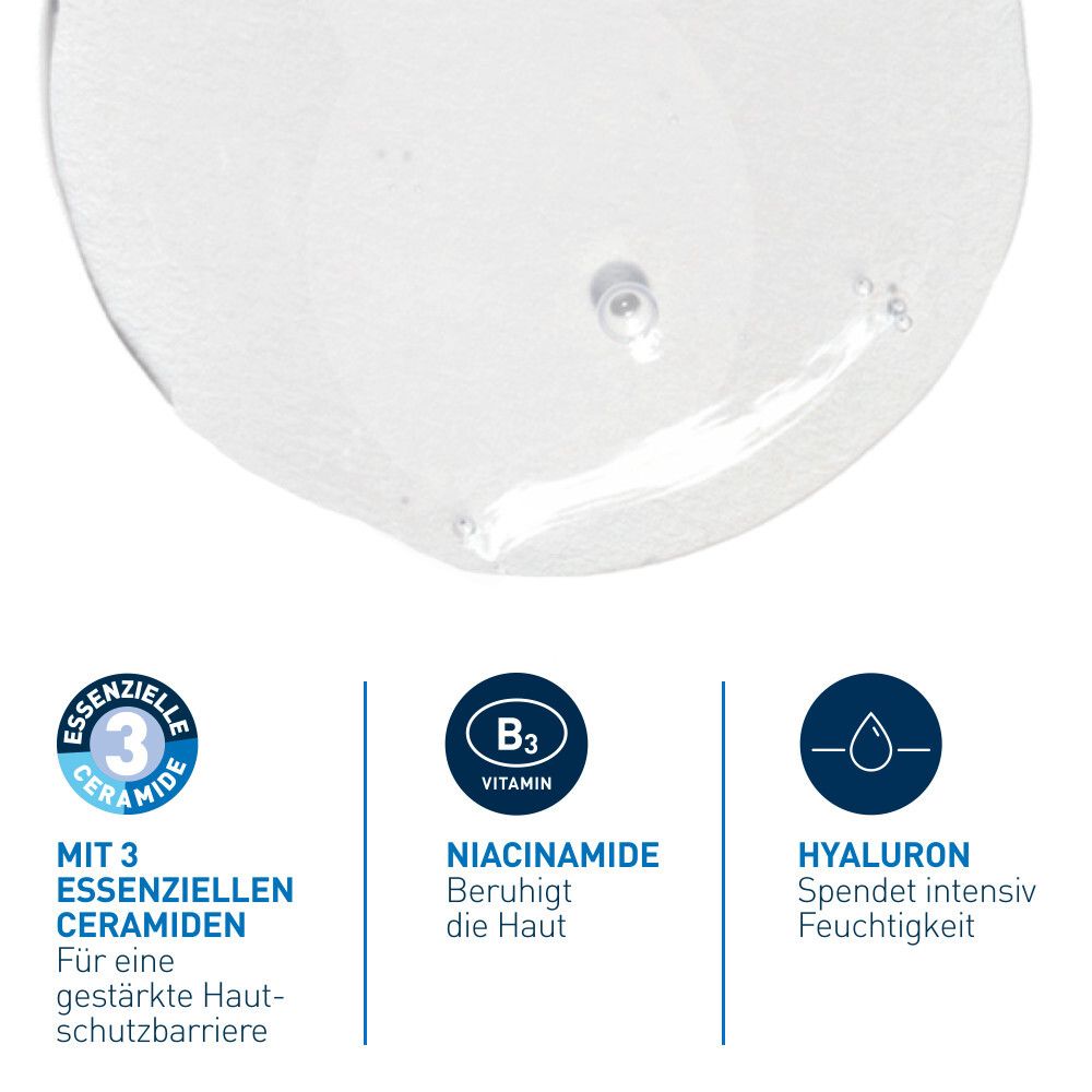 Grafica con 3 ingredienti: Ceramidi, Niacinamide, Ialuron. Testo: ceramidi essenziali, vitamina B3, ialuron.