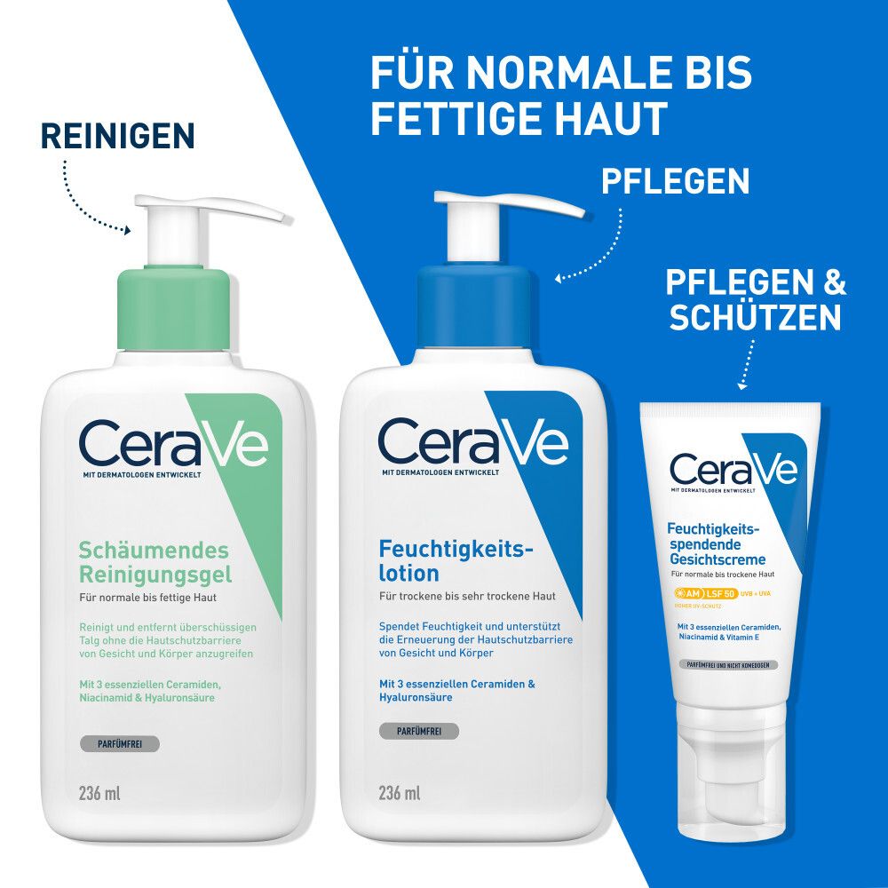 Prodotti CeraVe: Gel Detergente Schiumogeno, Lozione Idratante, Crema Idratante. Per pelli da normali a grasse.