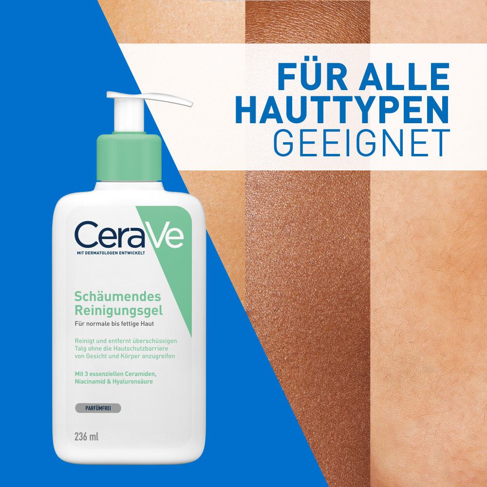 CeraVe Gel Detergente Schiumogeno. Flacone con testo: Adatto a tutti i tipi di pelle. Sfondi color pelle.
