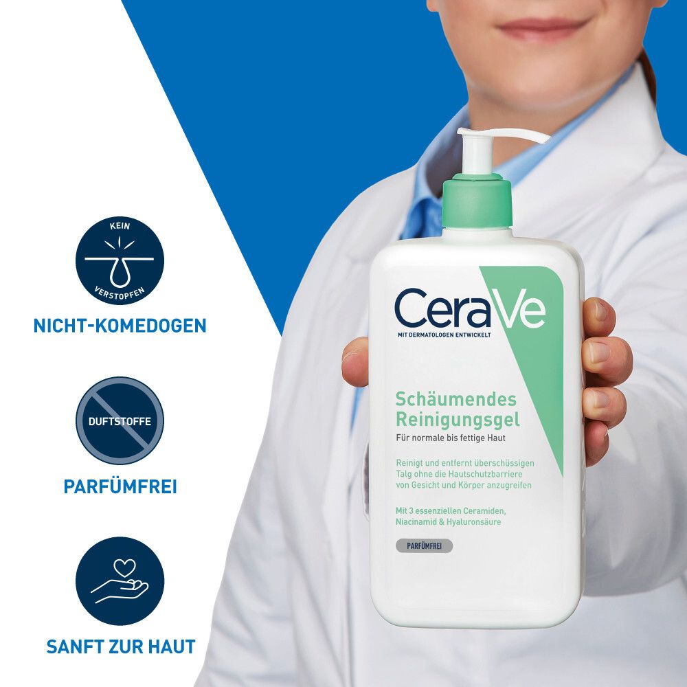 CeraVe Gel Detergente Schiumogeno. Flacone in mano. Non comedogeno, senza profumo, delicato sulla pelle. Medico sullo sfondo.