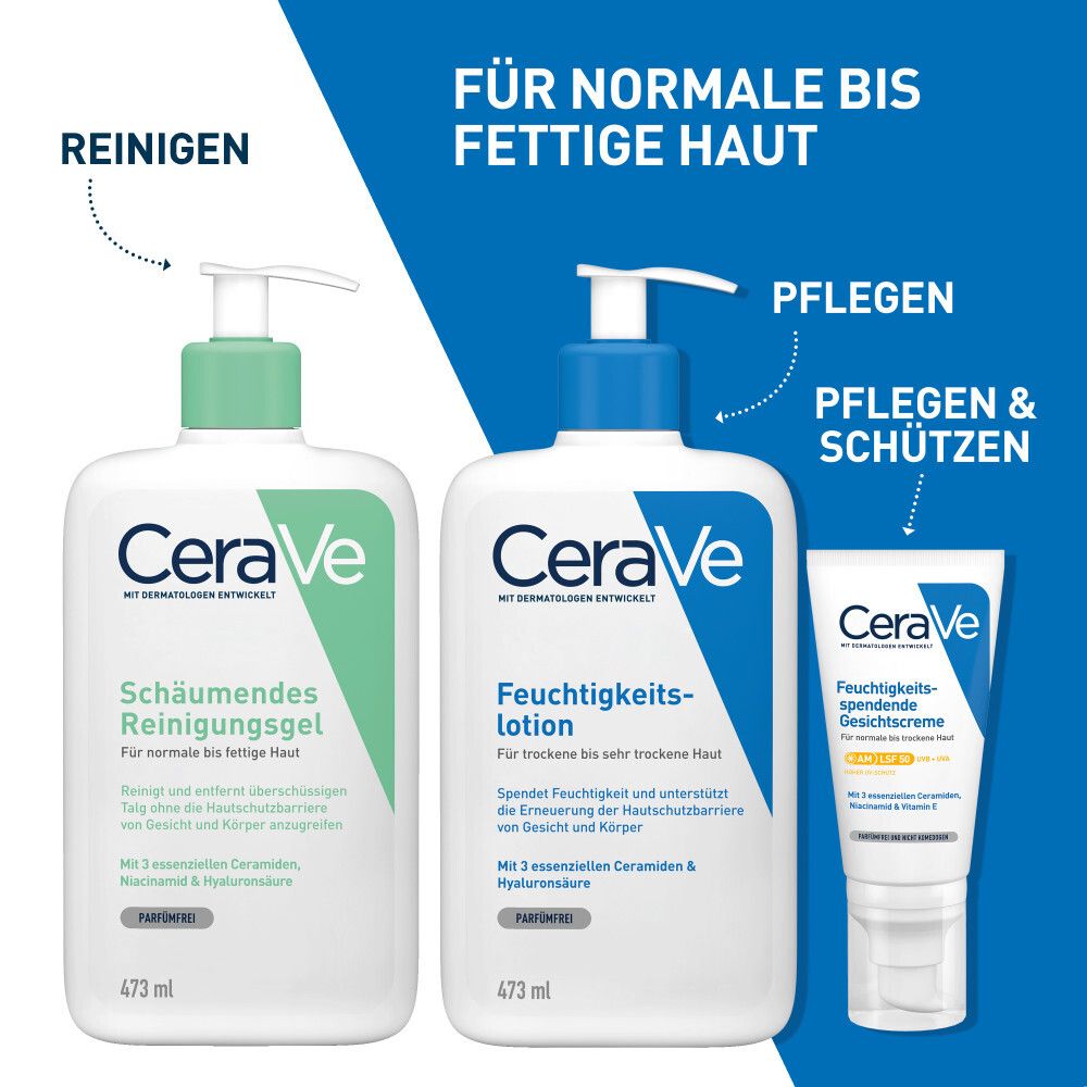 CeraVe Gel Detergente Schiumogeno. Flacone accanto a tipi di pelle. Testo: Adatto a tutti i tipi di pelle, 473 ml.