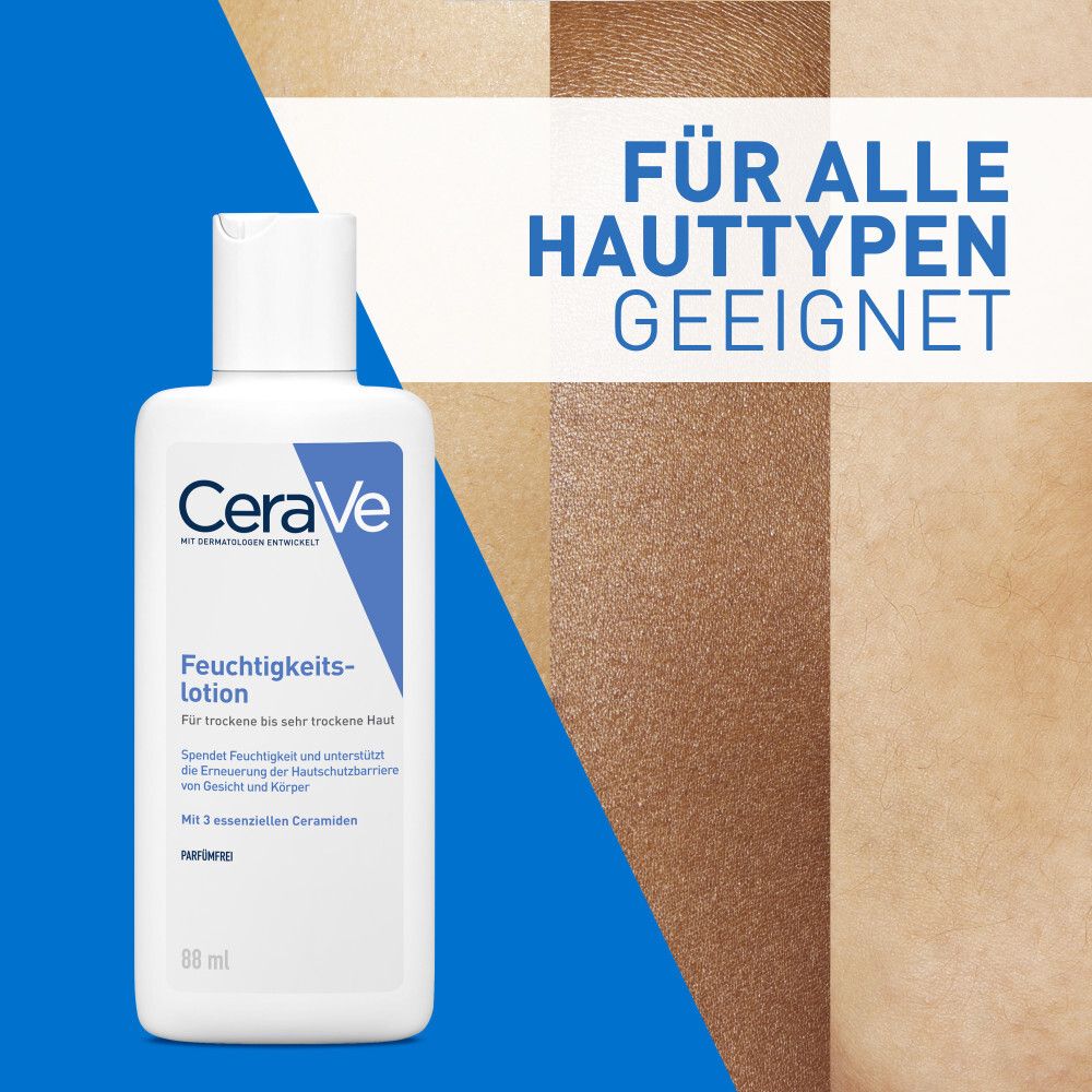 Flacone bianco di lozione idratante CeraVe. Testo: Adatto a tutti i tipi di pelle.