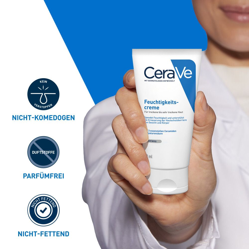 Persona che tiene un tubo di crema idratante CeraVe. Testo: Non comedogenico, senza profumo, non grasso. Icone blu.