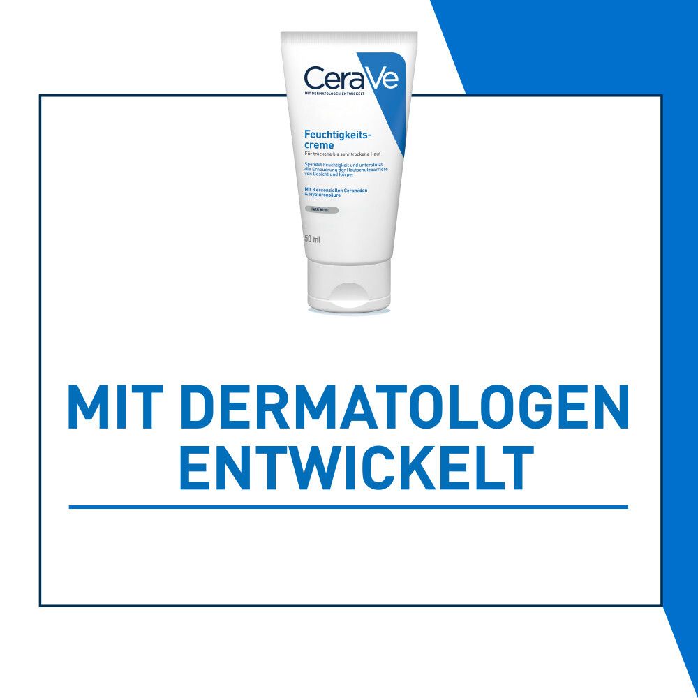 Tubo di crema idratante CeraVe. Testo: Sviluppato con dermatologi. Design blu.