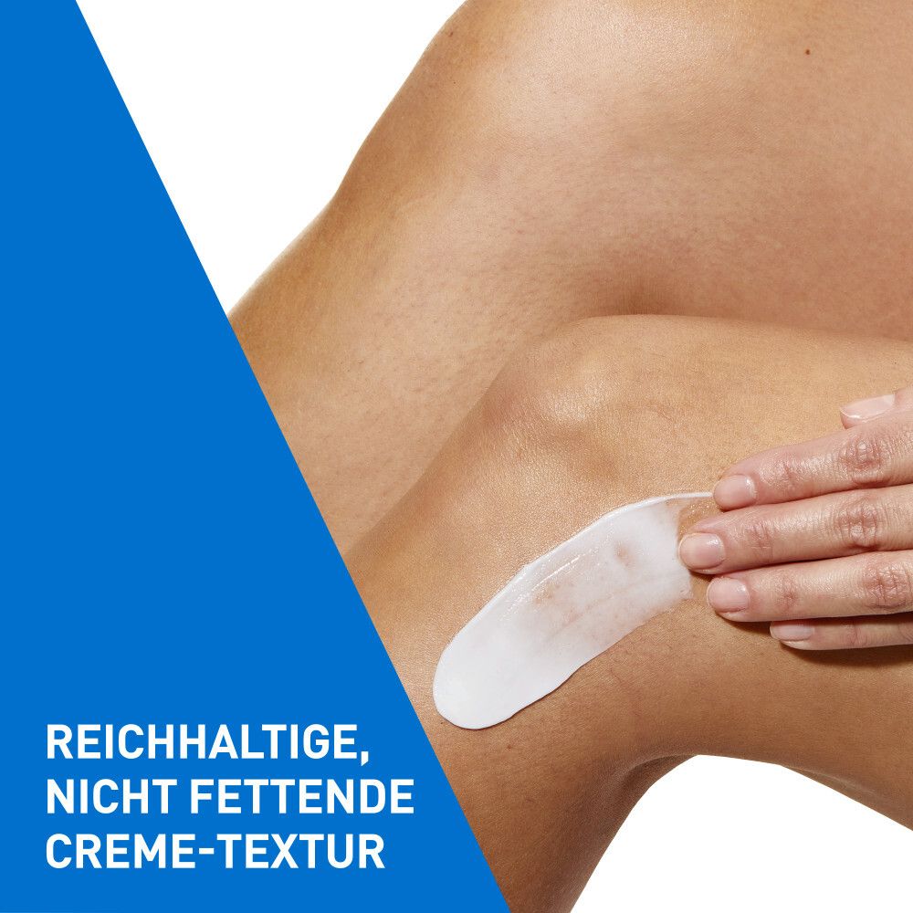 Crema applicata sulla gamba. Testo: Texture crema ricca e non grassa. Design blu.