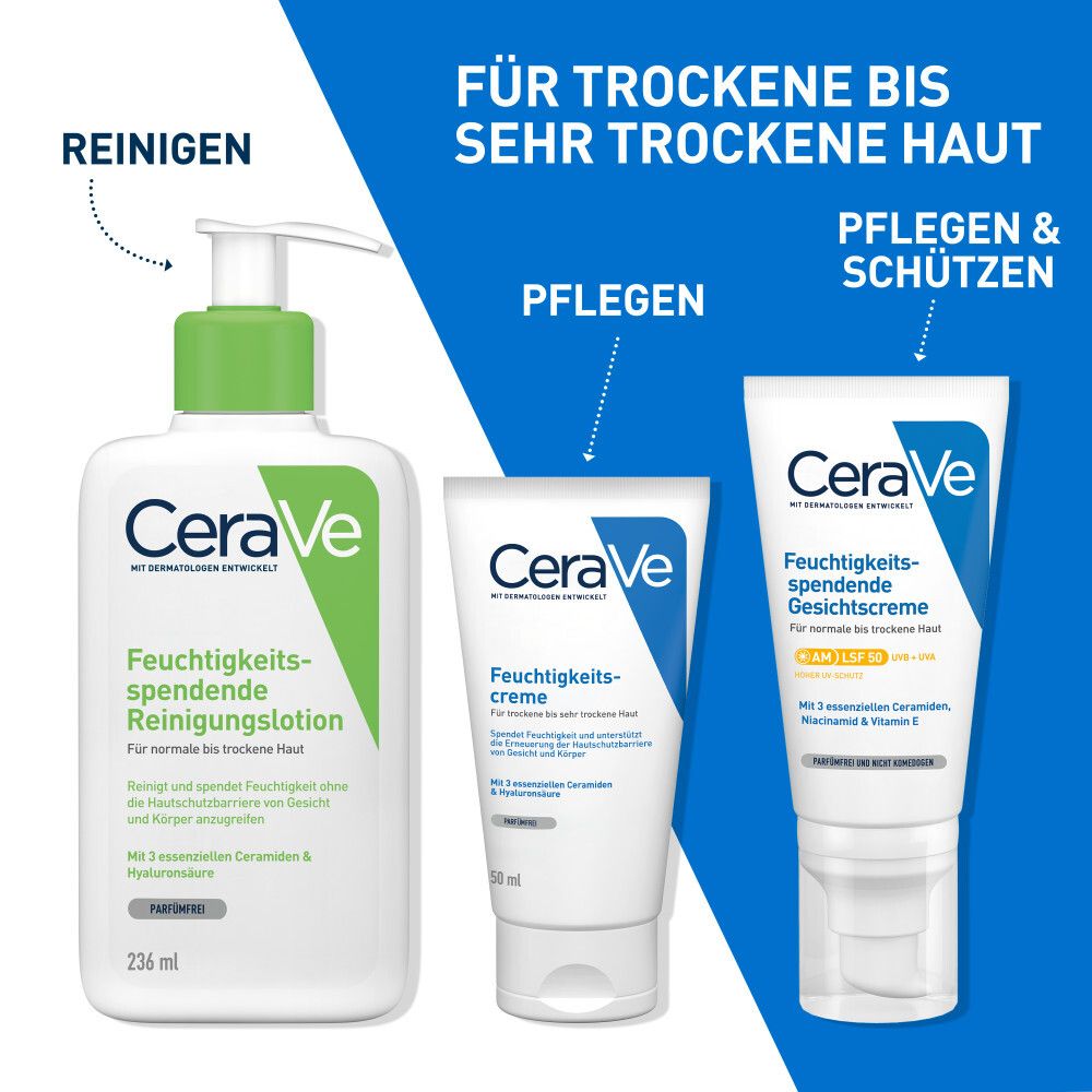 Tre prodotti CeraVe: lozione detergente, crema idratante, crema viso. Testo: Per pelli da secche a molto secche.
