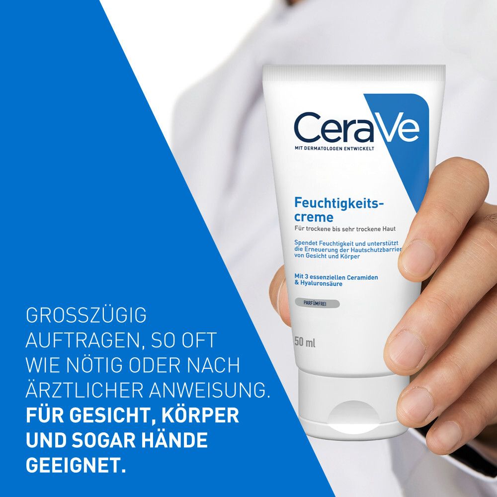 Persona che tiene un tubo di crema idratante CeraVe. Testo: Adatto per viso, corpo e mani.