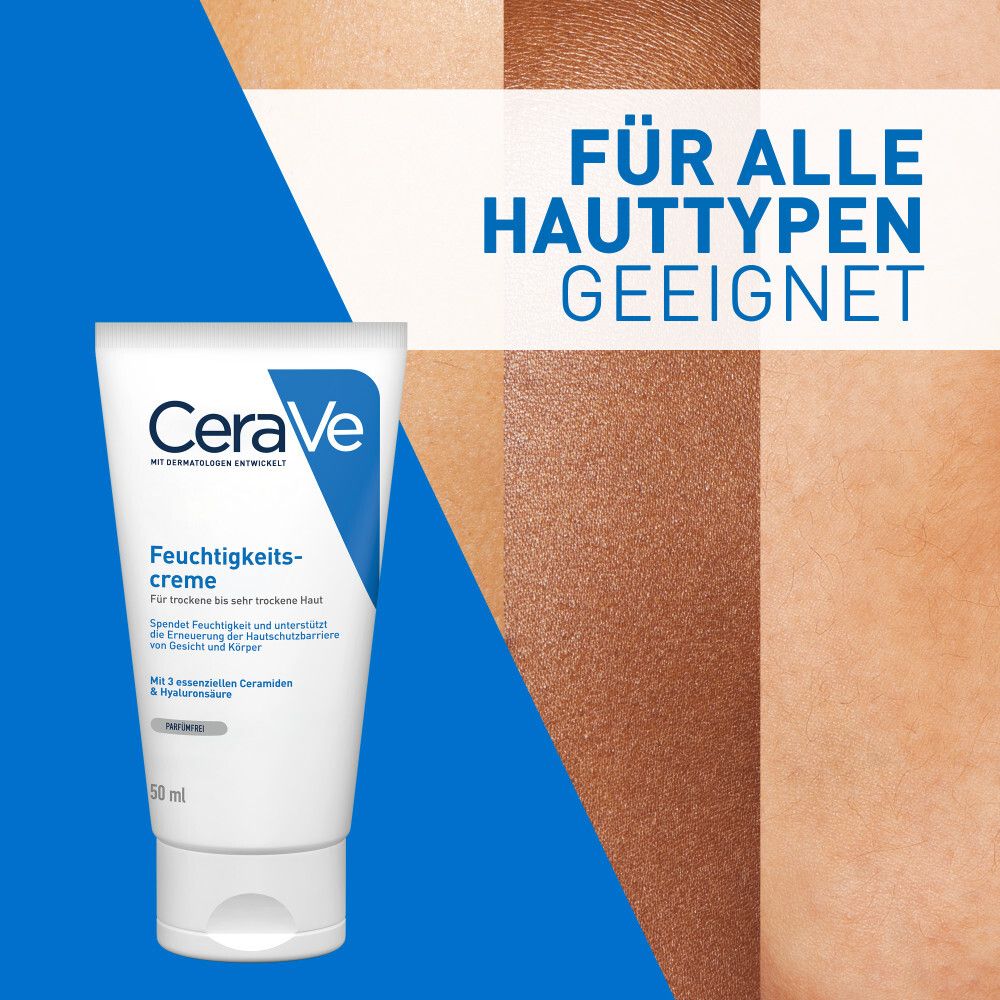 Tubo di crema idratante CeraVe. Testo: Adatto a tutti i tipi di pelle. Colori della pelle sullo sfondo.