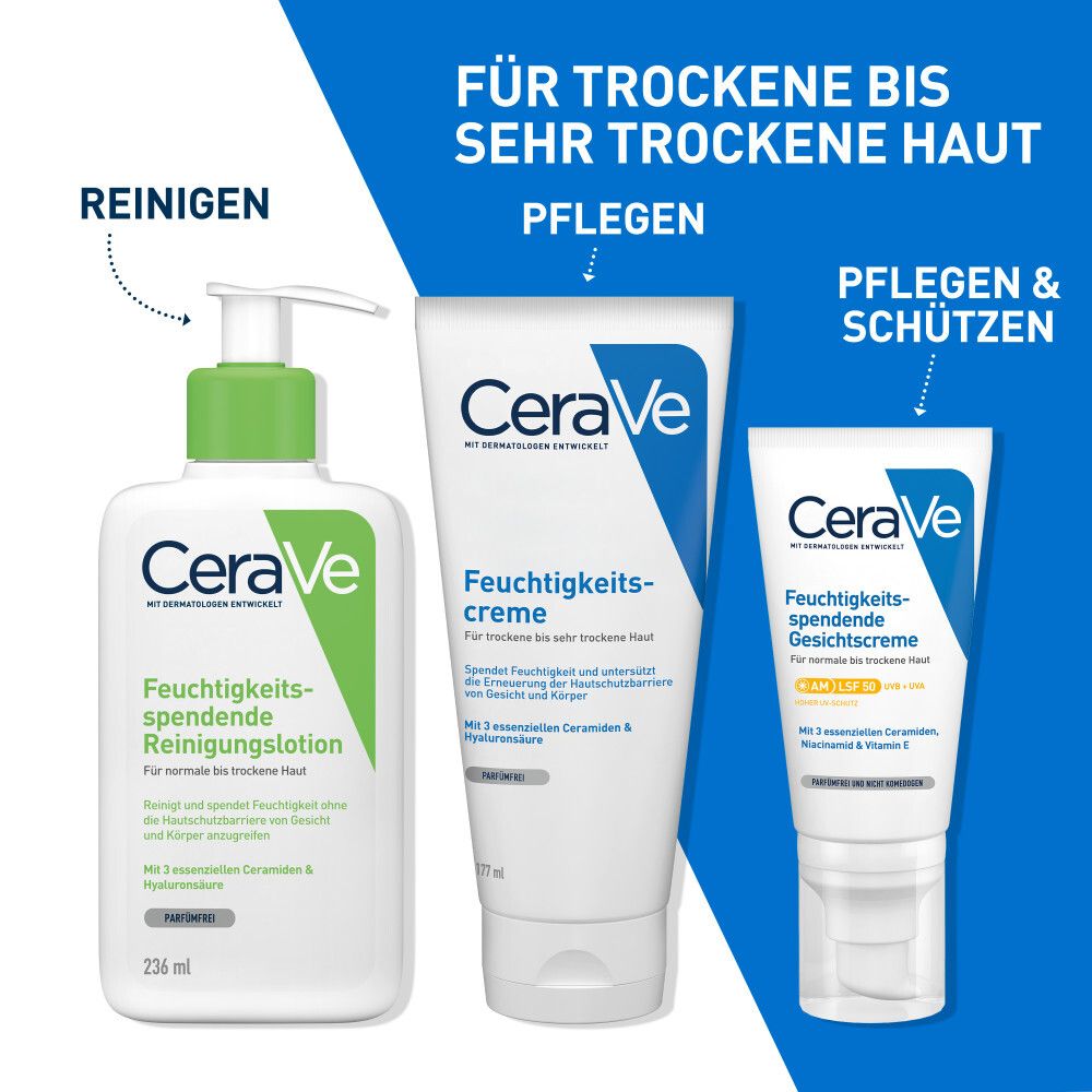 Tre prodotti CeraVe: Lozione detergente, crema idratante, lozione viso idratante. Sfondo blu.