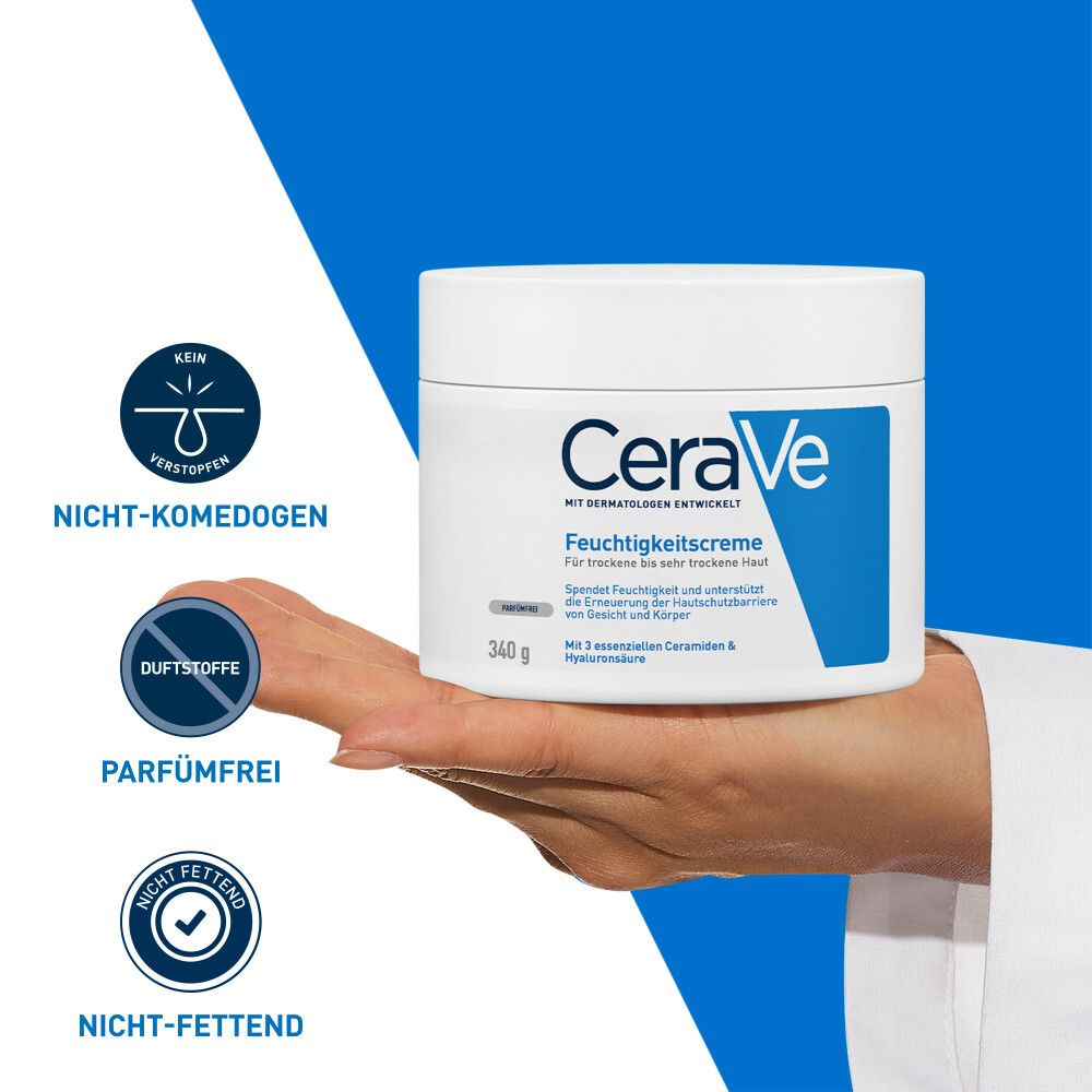 Vaso di crema con etichetta blu. Scritta: CeraVe Crema idratante. Non comedogenico, senza profumo, non grasso.