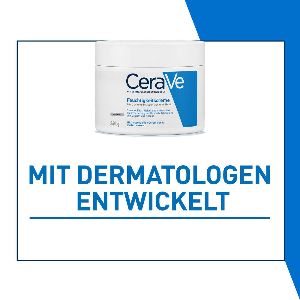 Vaso di crema con etichetta blu. Scritta: CeraVe Crema idratante. Sviluppato con dermatologi.