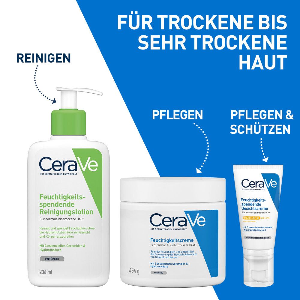 Persona che applica la crema. Scritta CeraVe e crema idratante. Adatto per viso, corpo e mani.