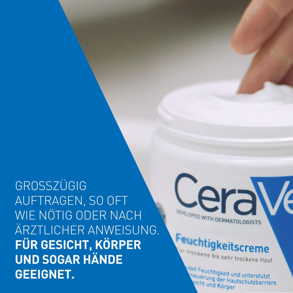 Vaso di crema bianco con accento blu. Scritta CeraVe e crema idratante. Adatto a tutti i tipi di pelle.