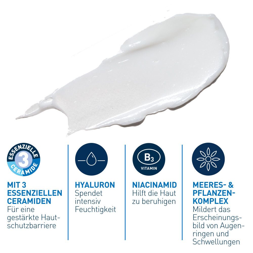 Crema bianca con testo: 3 ceramidi essenziali, ialurone, niacinamide, complesso marino e vegetale. Grafica blu.