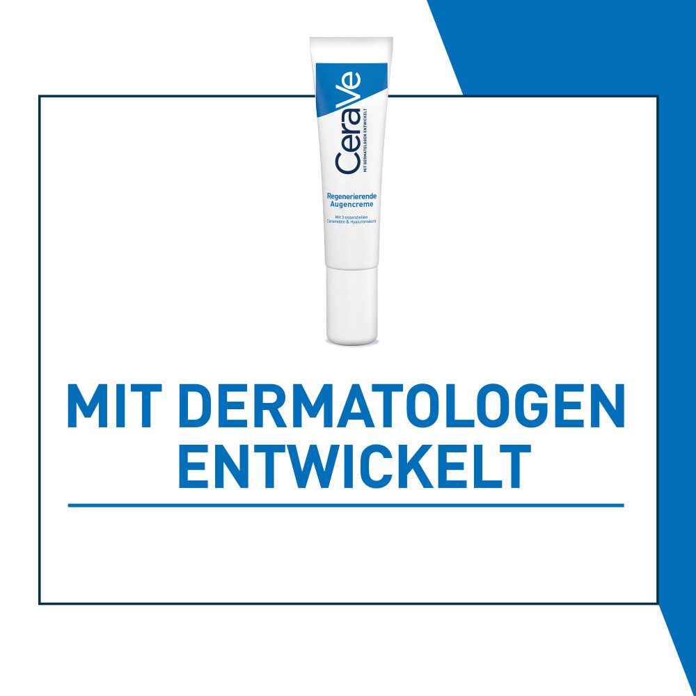 Grafica bianca con testo: Sviluppato con dermatologi. Tubo di crema per occhi CeraVe. Sfondo blu.