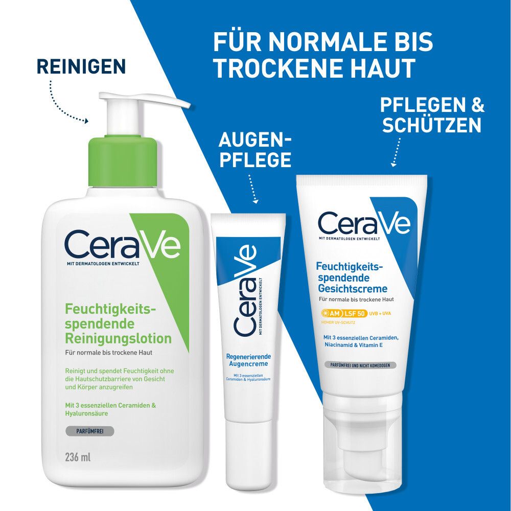 Tre prodotti CeraVe: lozione detergente, crema per occhi, crema viso. Per pelli da normali a secche. Grafica blu.