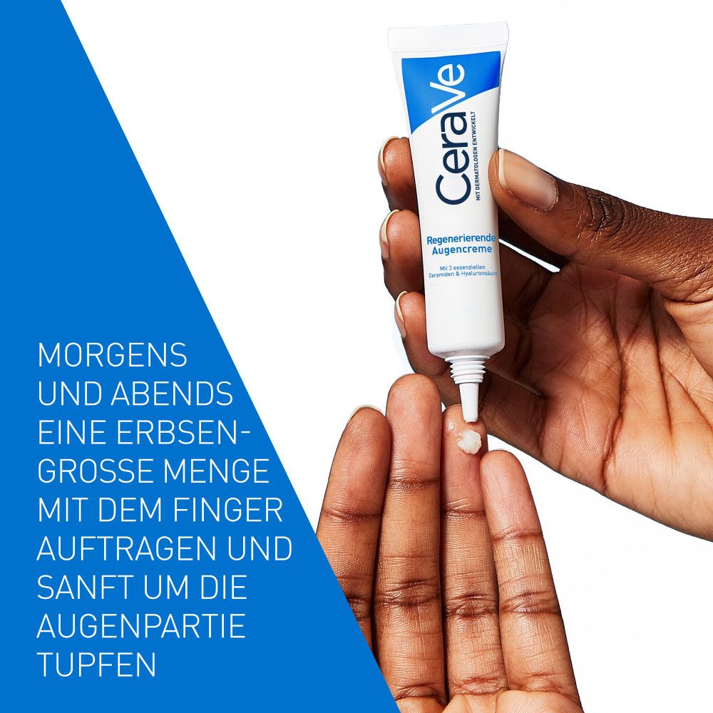 Mano con tubetto di crema per occhi CeraVe. Testo: Applicare mattina e sera una quantità pari a un pisello. Grafica blu.