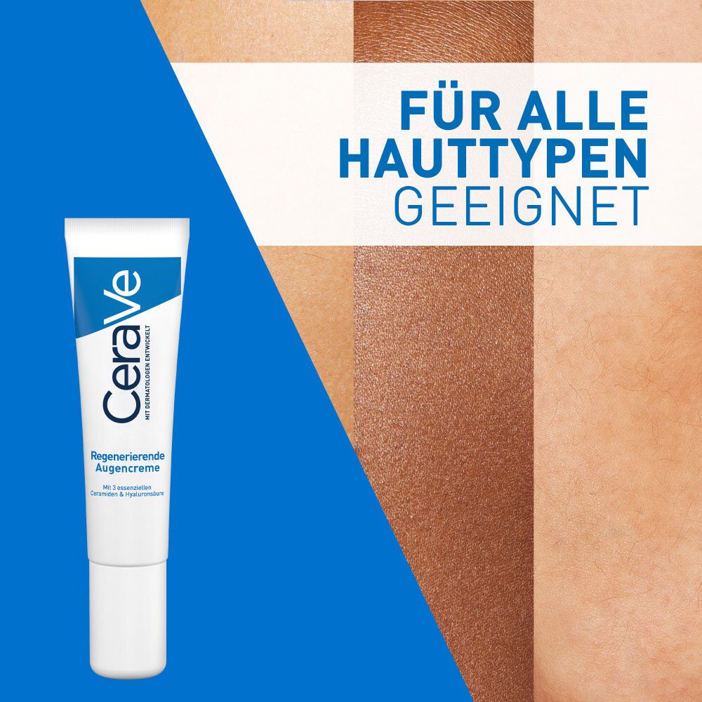 Tubo di crema per occhi CeraVe. Testo: Adatto a tutti i tipi di pelle. Sfondo color pelle. Grafica blu.