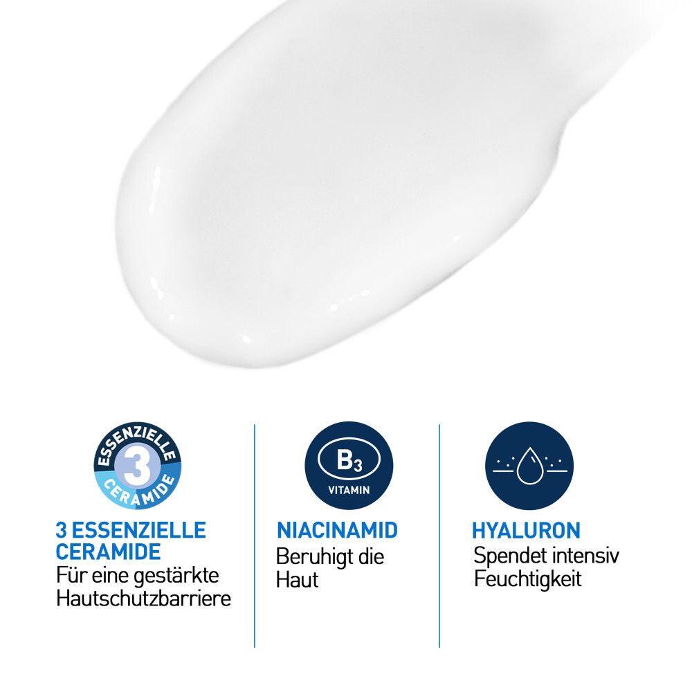 Macchia di crema bianca con testo: Ialuronico, idrata. Tecnologia MVE, 24h di idratazione.