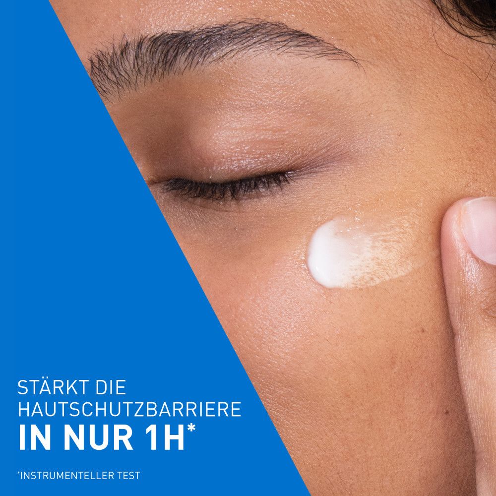 Viso con crema. Texture ricca, idrata 24 ore, supporta la barriera cutanea.