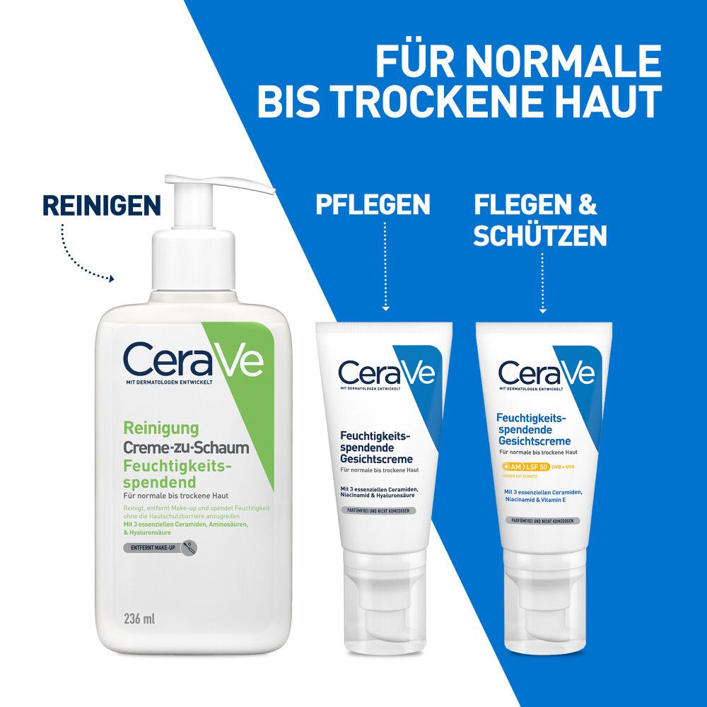 Tre prodotti: Lozione detergente, Crema idratante e crema con SPF 30.