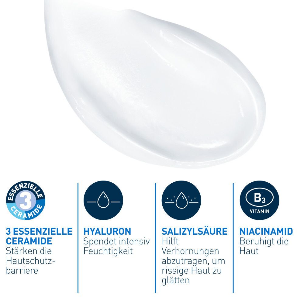 Primo piano di crema bianca. 3 ceramidi essenziali, ialurone, acido salicilico e niacinamide. Idrata intensamente, lenisce la pelle.