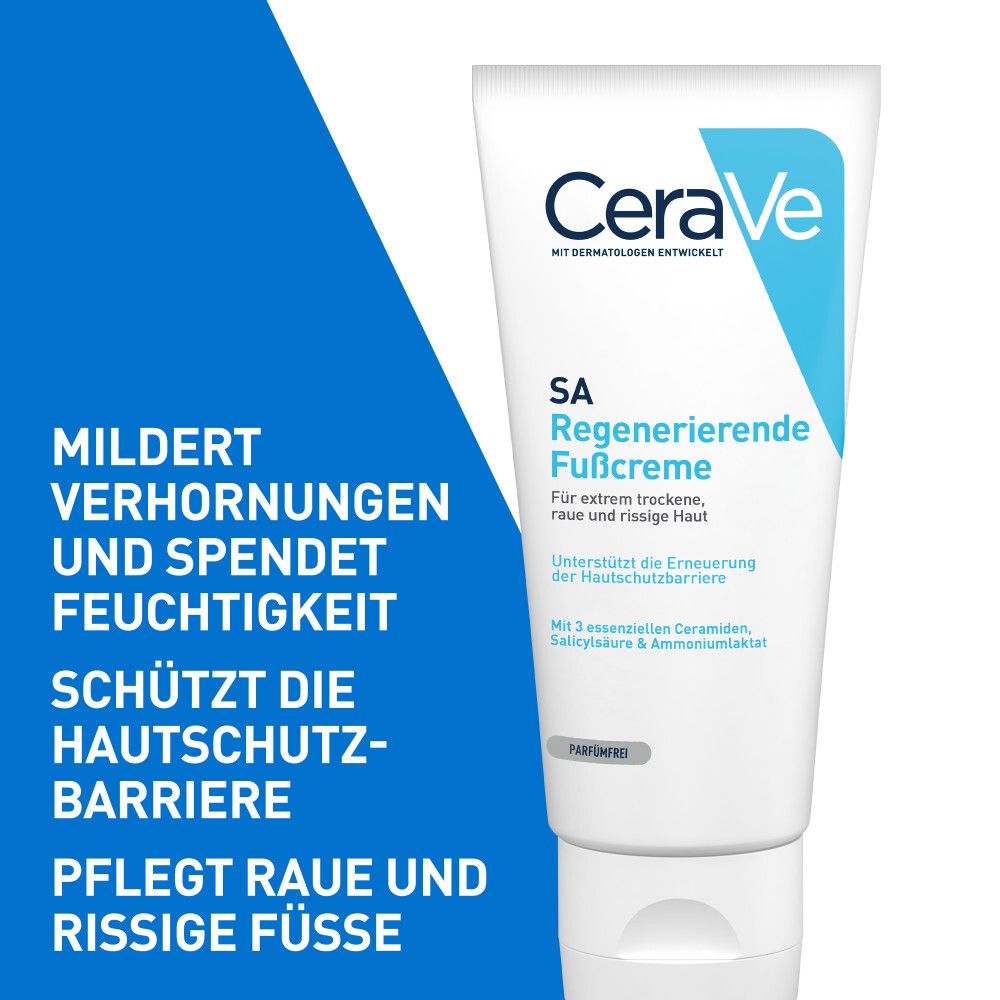 CeraVe SA Crema rigenerante per i piedi. Attenua le callosità e idrata. Protegge la barriera cutanea. Cura i piedi ruvidi e screpolati.