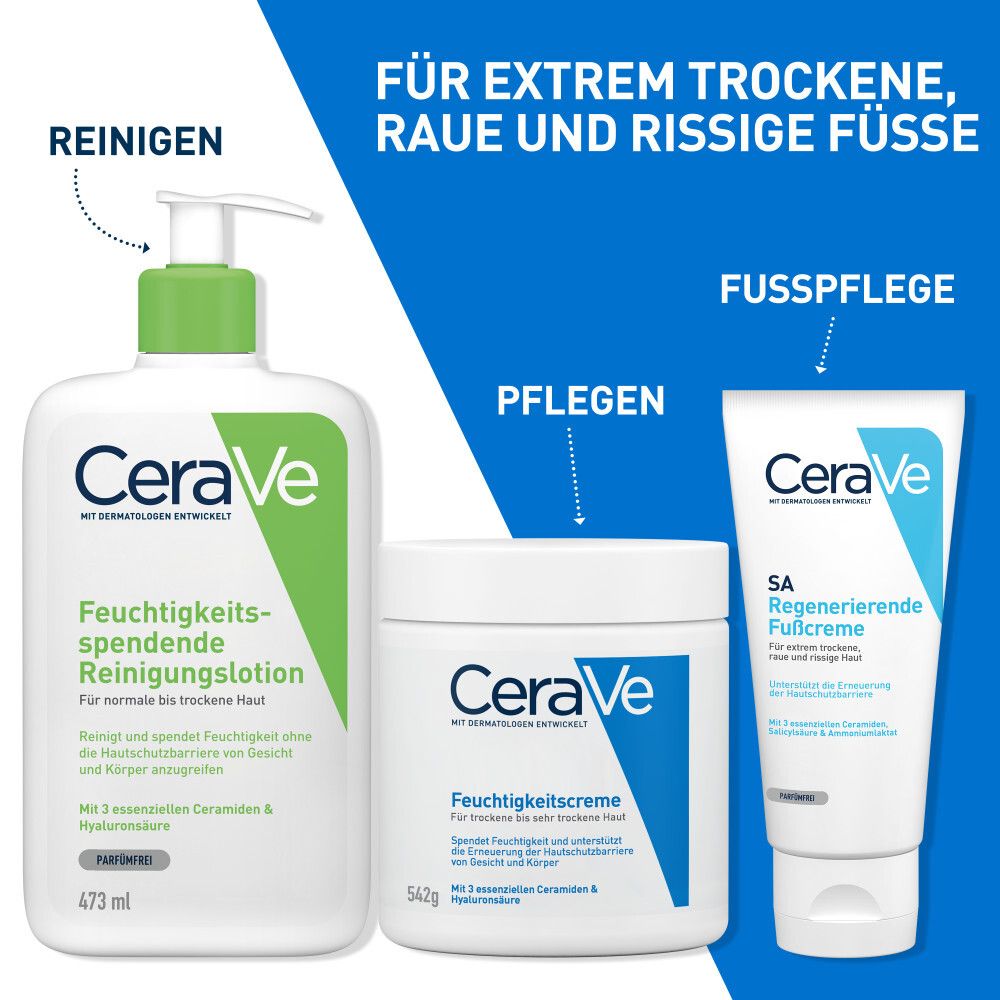 Tre prodotti CeraVe: lozione detergente, idratante e crema per i piedi SA. Per piedi molto secchi, ruvidi e screpolati.