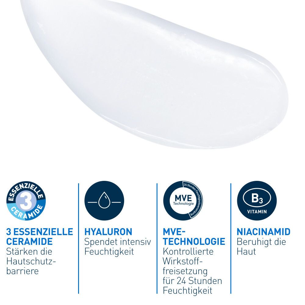 Primo piano della crema. 3 ceramidi essenziali, acido ialuronico, tecnologia MVE, vitamina B3.