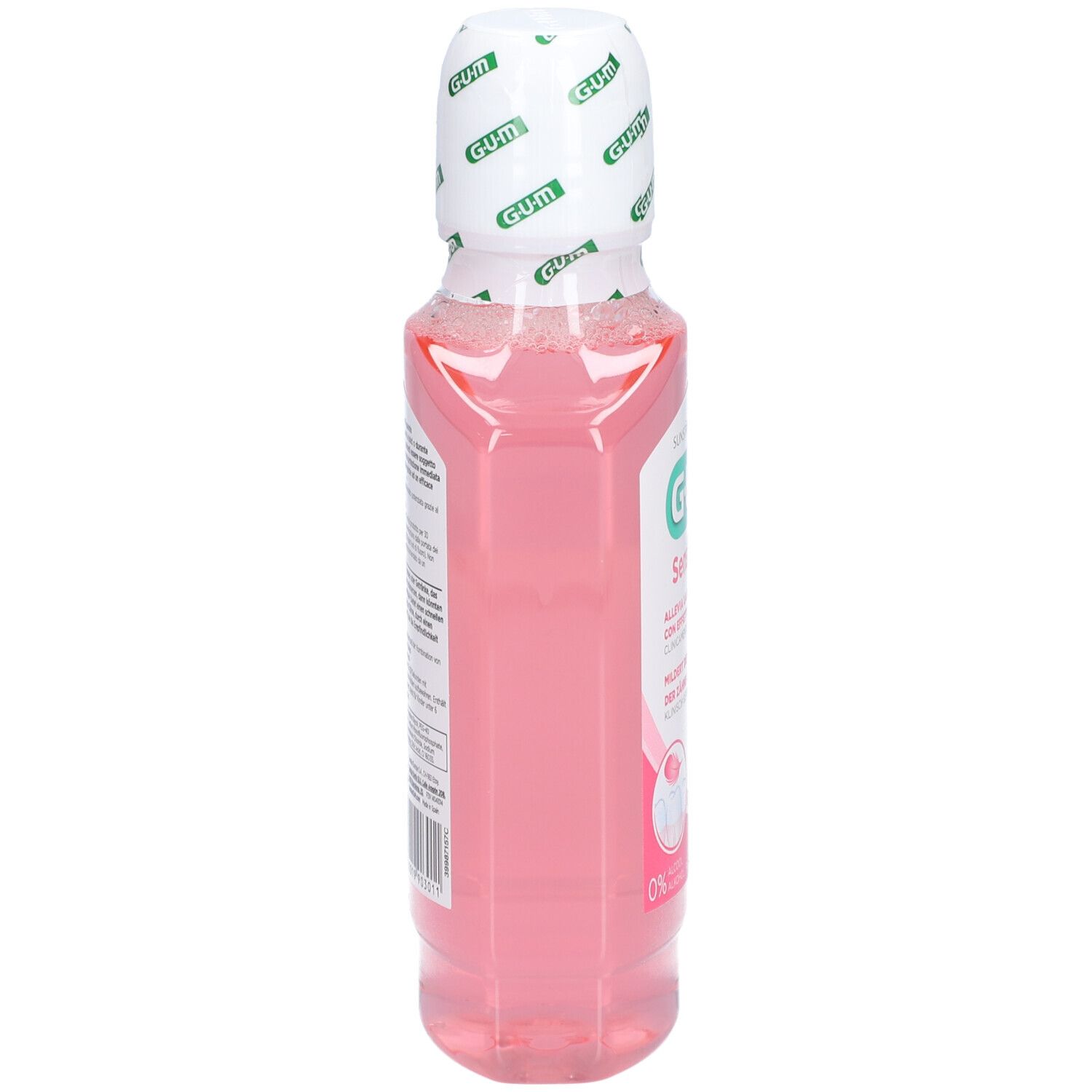 Collutorio GUM in bottiglia trasparente con liquido rosa e tappo bianco con scritte verdi.
